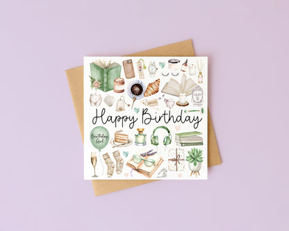 Cosy Book self care Birthday Card Watercolour Design with Kraft Envelope