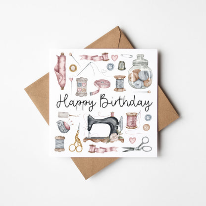 Sewing Birthday Card Watercolour Design with Kraft Envelope