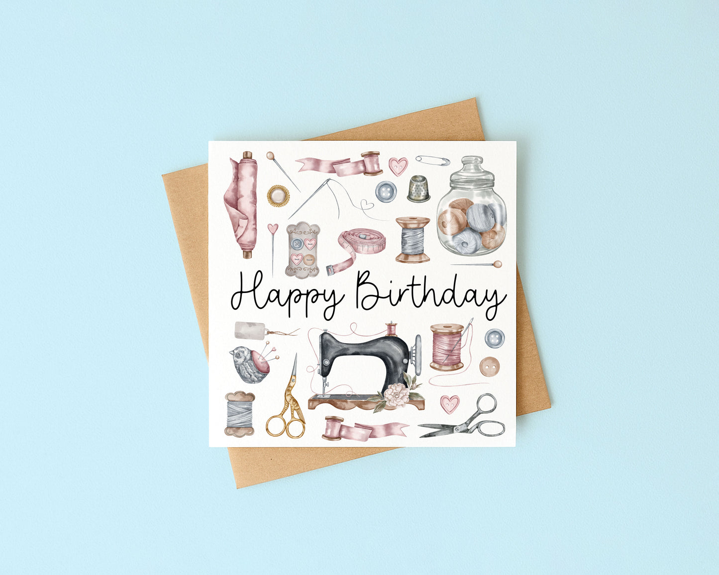 Sewing Birthday Card Watercolour Design with Kraft Envelope