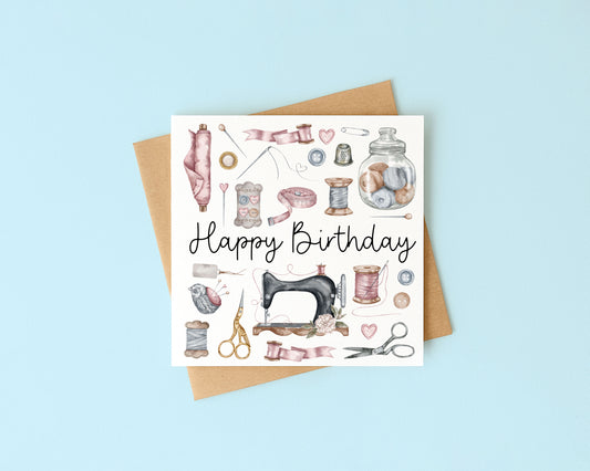 Sewing Birthday Card Watercolour Design with Kraft Envelope