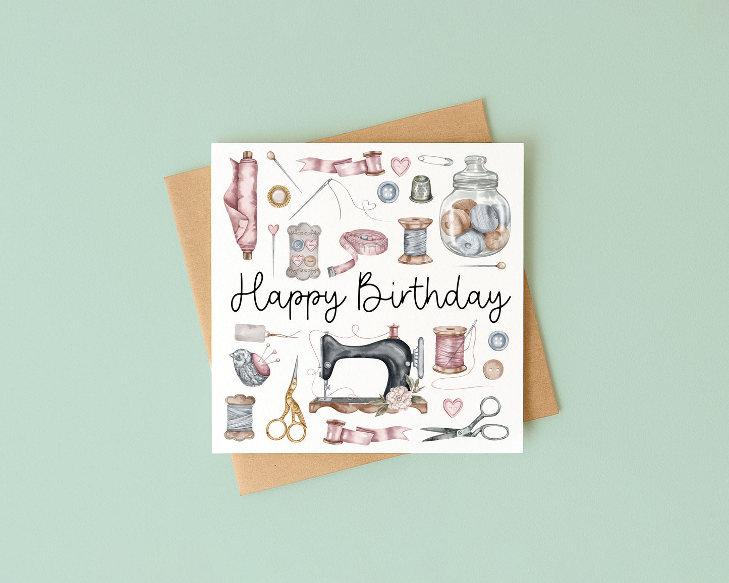 Sewing Birthday Card Watercolour Design with Kraft Envelope