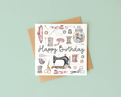 Sewing Birthday Card Watercolour Design with Kraft Envelope