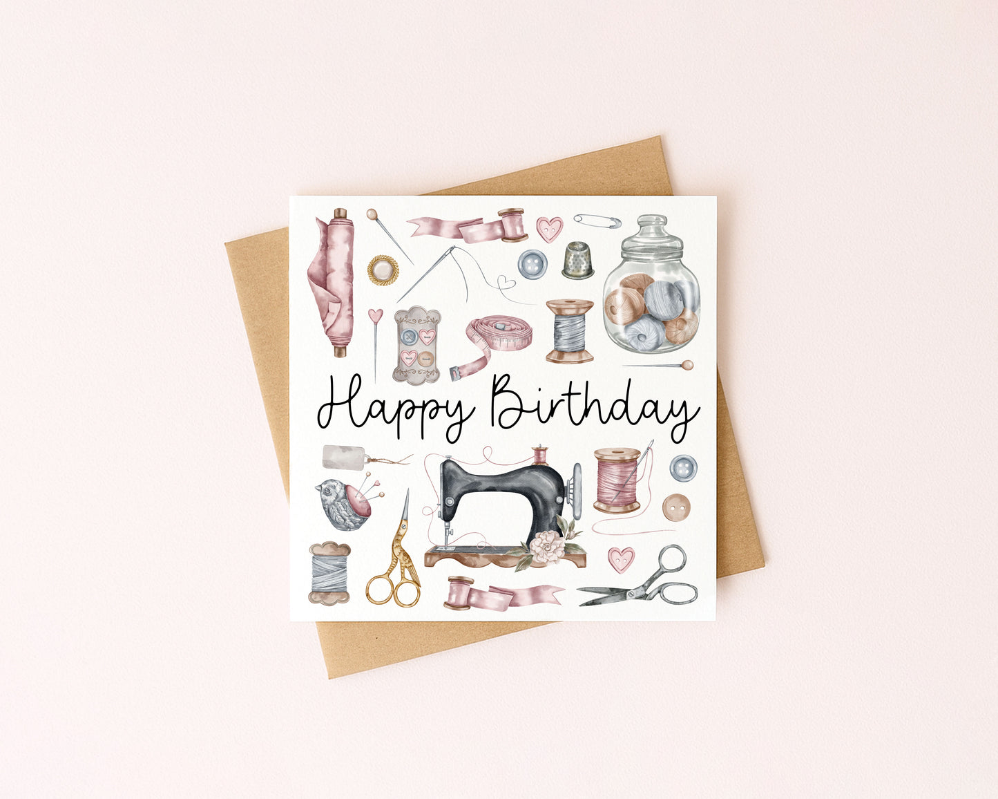 Sewing Birthday Card Watercolour Design with Kraft Envelope