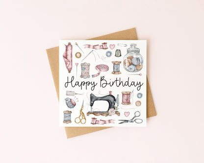 Sewing Birthday Card Watercolour Design with Kraft Envelope
