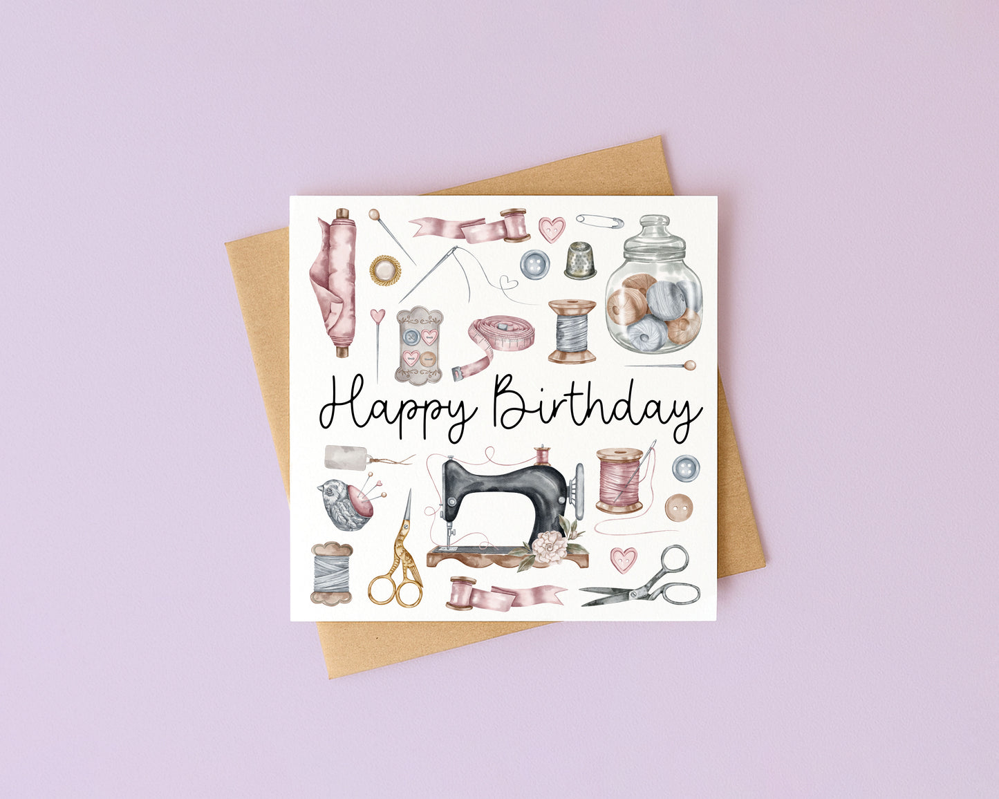 Sewing Birthday Card Watercolour Design with Kraft Envelope
