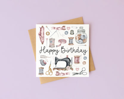 Sewing Birthday Card Watercolour Design with Kraft Envelope