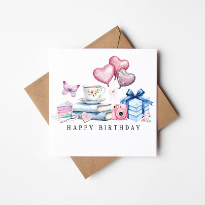 Pastel luxury Birthday Card Personalised, cake sweets books Unique Design