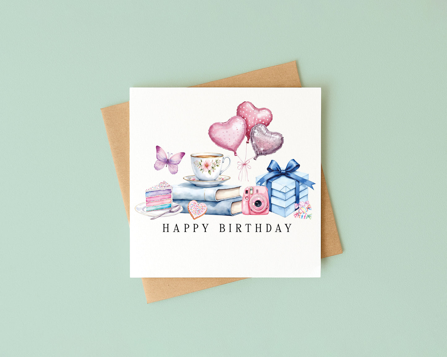 Pastel luxury Birthday Card Personalised, cake sweets books Unique Design