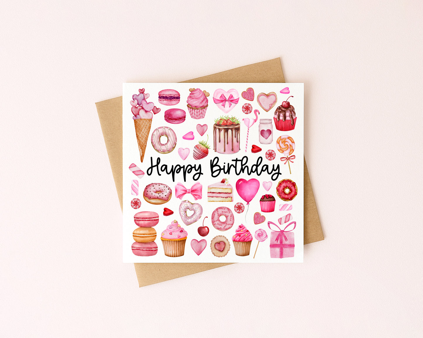 Pink sweet treats Birthday Card doughnuts hearts Cake Design with Envelope