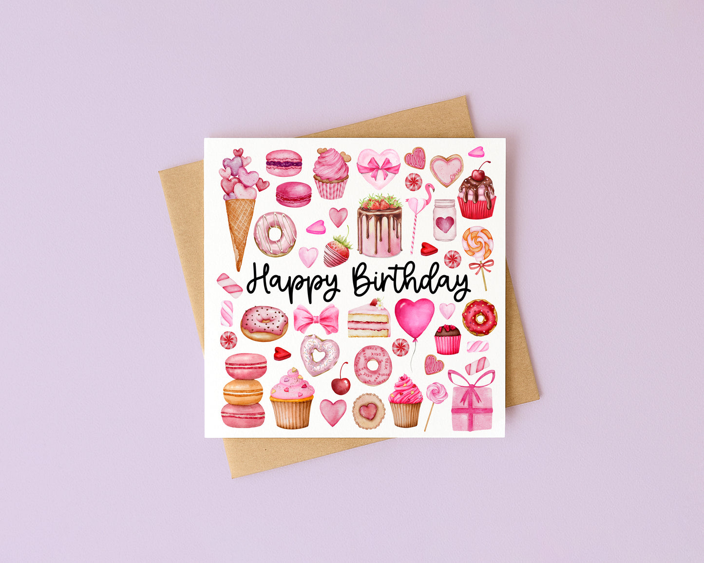 Pink sweet treats Birthday Card doughnuts hearts Cake Design with Envelope
