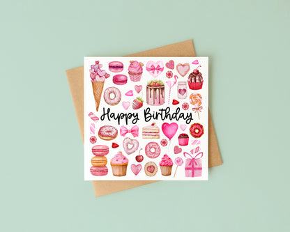 Pink sweet treats Birthday Card doughnuts hearts Cake Design with Envelope
