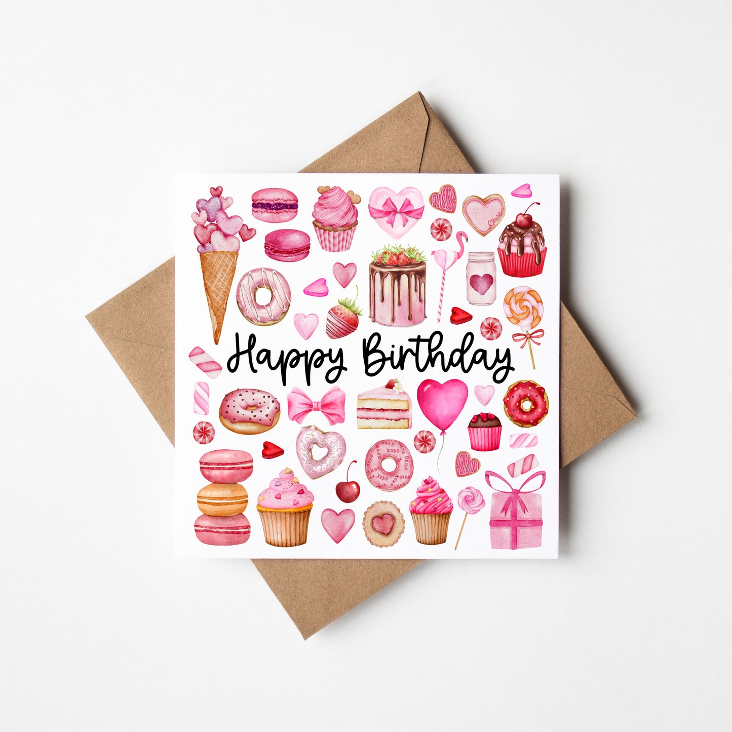 Pink sweet treats Birthday Card doughnuts hearts Cake Design with Envelope