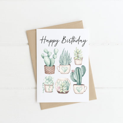 Pack of 4 Birthday cards Plant cactus succulent plant lover plant addict plant birthday pack of 4 cards with envelopes kraft brown/white