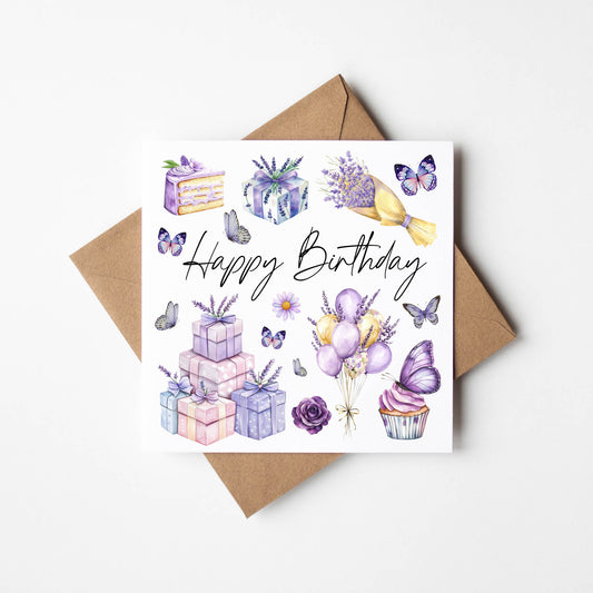 Birthday card, Happy Birthday blue lilac purple butterfly floral lavender themed friends birthday card flower birthday card with envelope