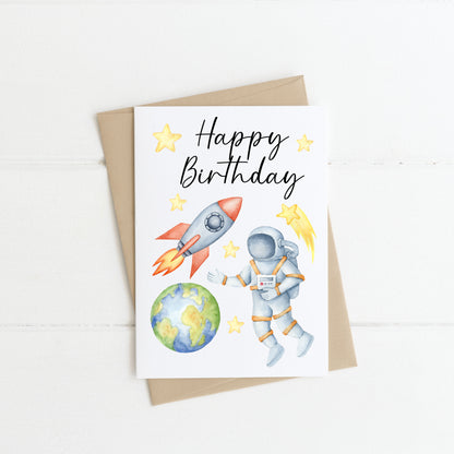 Birthday card, Space themed birthday card, happy birthday astronaut earth rocket stars space birthday card & envelope,kraft brown or white