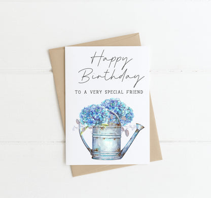 Birthday card happy birthday to a very special friend blue hydrangeas watercolour floral bouquet card with envelope,kraft brown or white