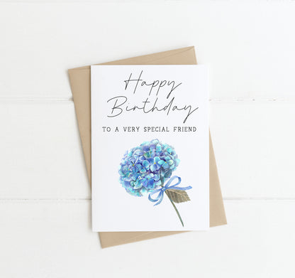 Birthday card happy birthday to a very special friend blue hydrangea watercolour floral bouquet stem card with envelope,kraft brown or white