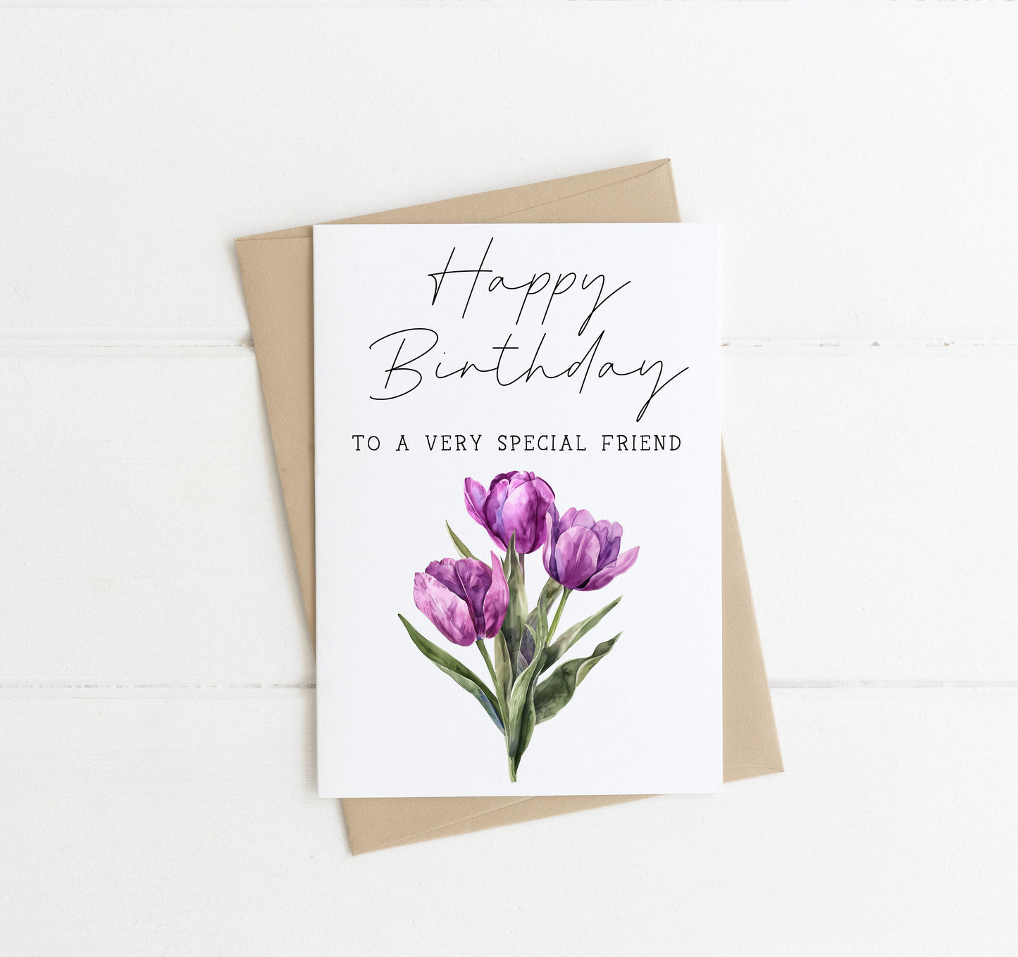 Birthday card, happy birthday to a very special friend purple tulips watercolour floral bouquet card with envelope,kraft brown or white