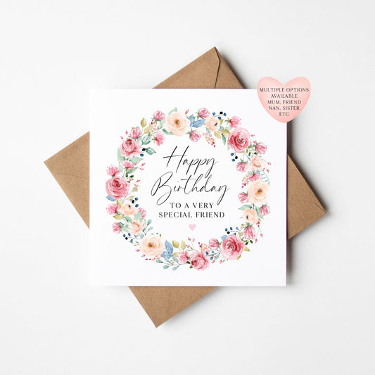 Birthday Card, Floral pink blue Bday Card for friends, sister, grandma, nan with envelope