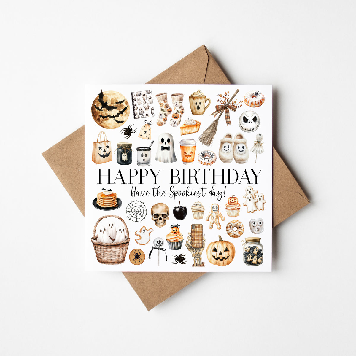 Halloween Birthday Card spooky orange black & white ghost seasonal treats Halloween themed with envelope