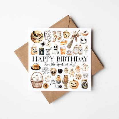 Halloween Birthday Card spooky orange black & white ghost seasonal treats Halloween themed with envelope