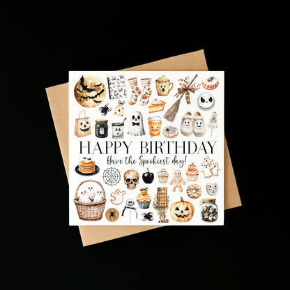 Halloween Birthday Card spooky orange black & white ghost seasonal treats Halloween themed with envelope