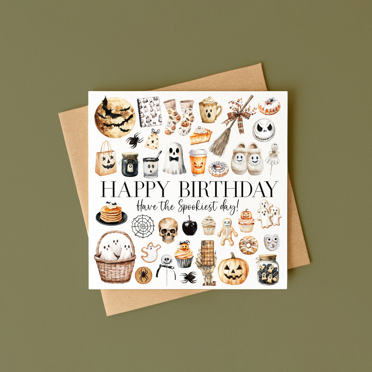 Halloween Birthday Card spooky orange black & white ghost seasonal treats Halloween themed with envelope