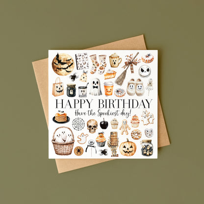 Halloween Birthday Card spooky orange black & white ghost seasonal treats Halloween themed with envelope