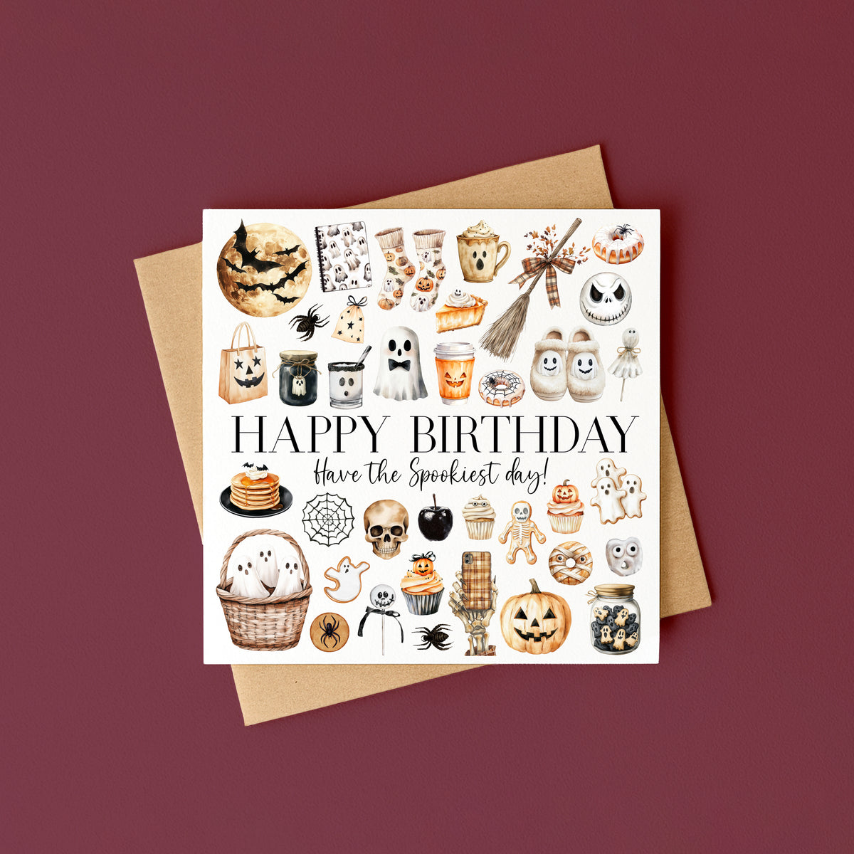 Halloween Birthday Card spooky orange black & white ghost seasonal treats Halloween themed with envelope