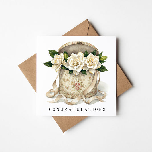 Congratulations Card, on your wedding day box of white Roses with Kraft Envelope