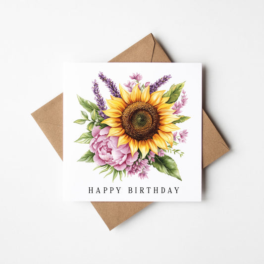Sunflower Birthday Card Yellow, pink & purple floral bouquet with Kraft Envelope