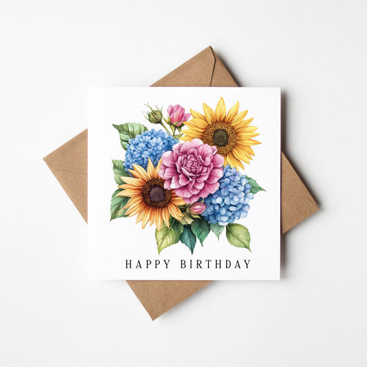 Floral Birthday card Sunflower hydrangeas pink blue card with Kraft Envelope