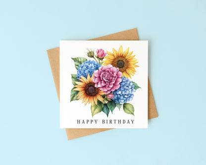 Floral Birthday card Sunflower hydrangeas pink blue card with Kraft Envelope