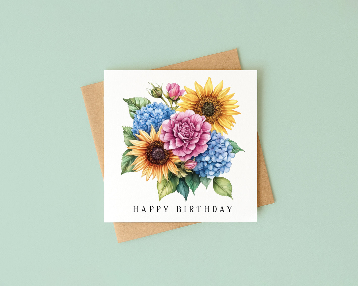 Floral Birthday card Sunflower hydrangeas pink blue card with Kraft Envelope
