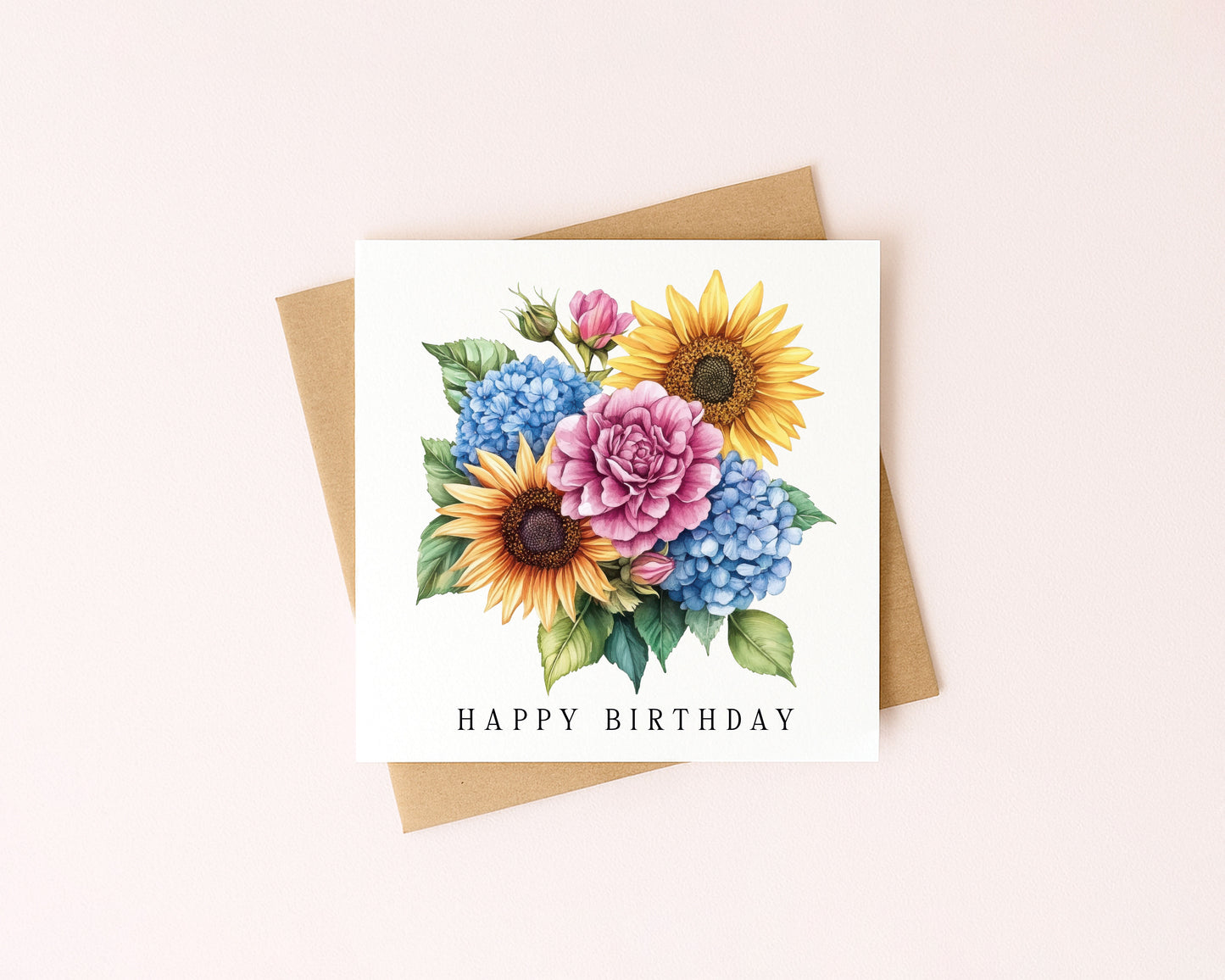 Floral Birthday card Sunflower hydrangeas pink blue card with Kraft Envelope