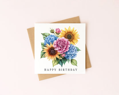 Floral Birthday card Sunflower hydrangeas pink blue card with Kraft Envelope