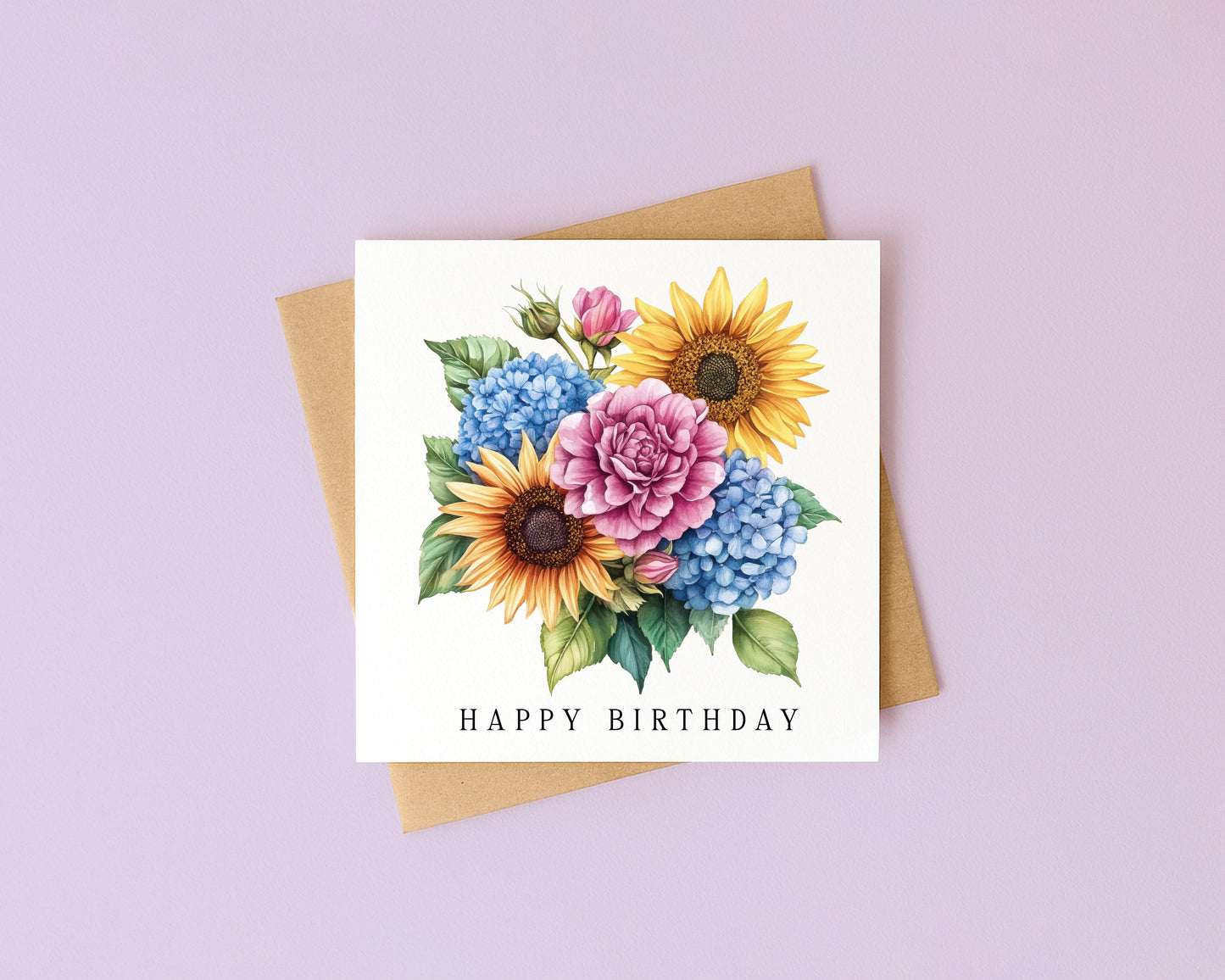 Floral Birthday card Sunflower hydrangeas pink blue card with Kraft Envelope