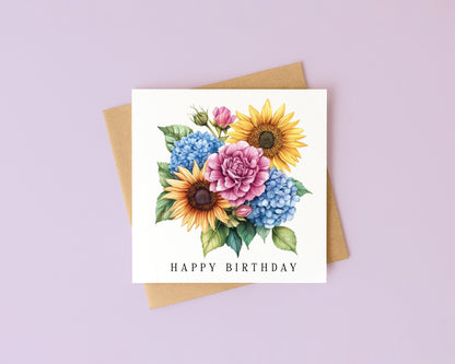 Floral Birthday card Sunflower hydrangeas pink blue card with Kraft Envelope