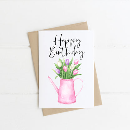 Happy birthday card, pink vase gardening can of tulip flowers pretty pink floral watercolour style card with envelope,kraft brown or white