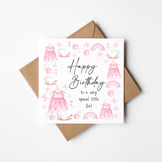 Pink Girls Birthday card watercolour pink rainbows butterflies & Swans Design with Kraft Envelope
