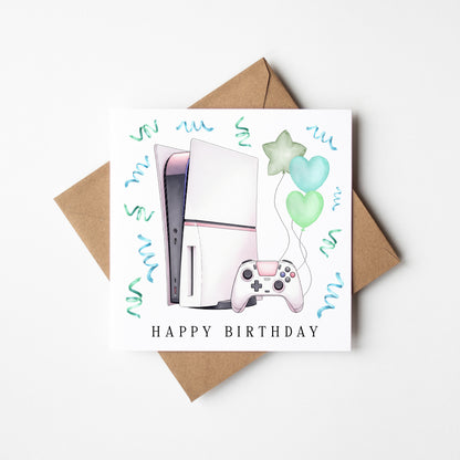 Gaming Birthday Card balloons & confetti green white gamer Design with Envelope