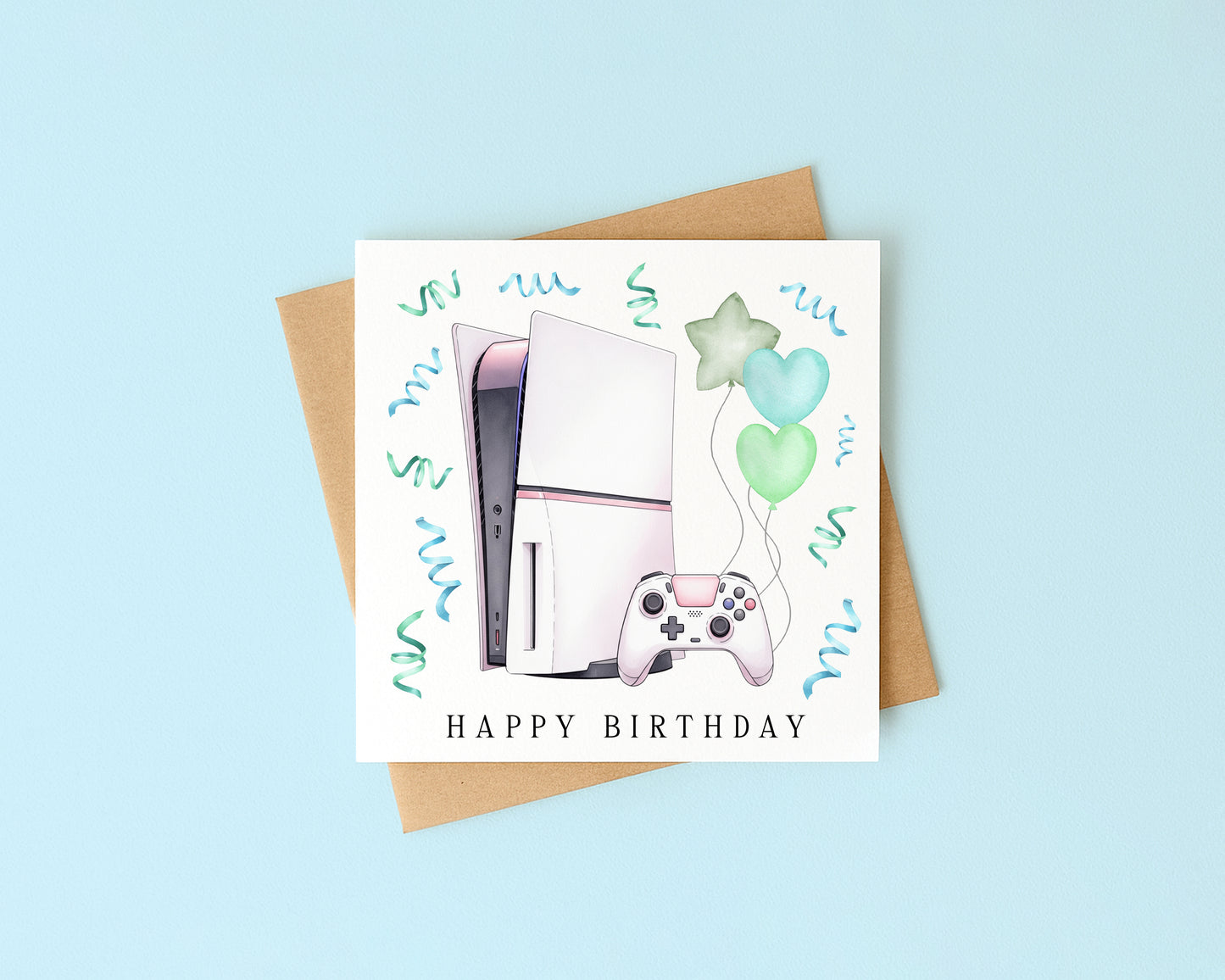 Gaming Birthday Card balloons & confetti green white gamer Design with Envelope