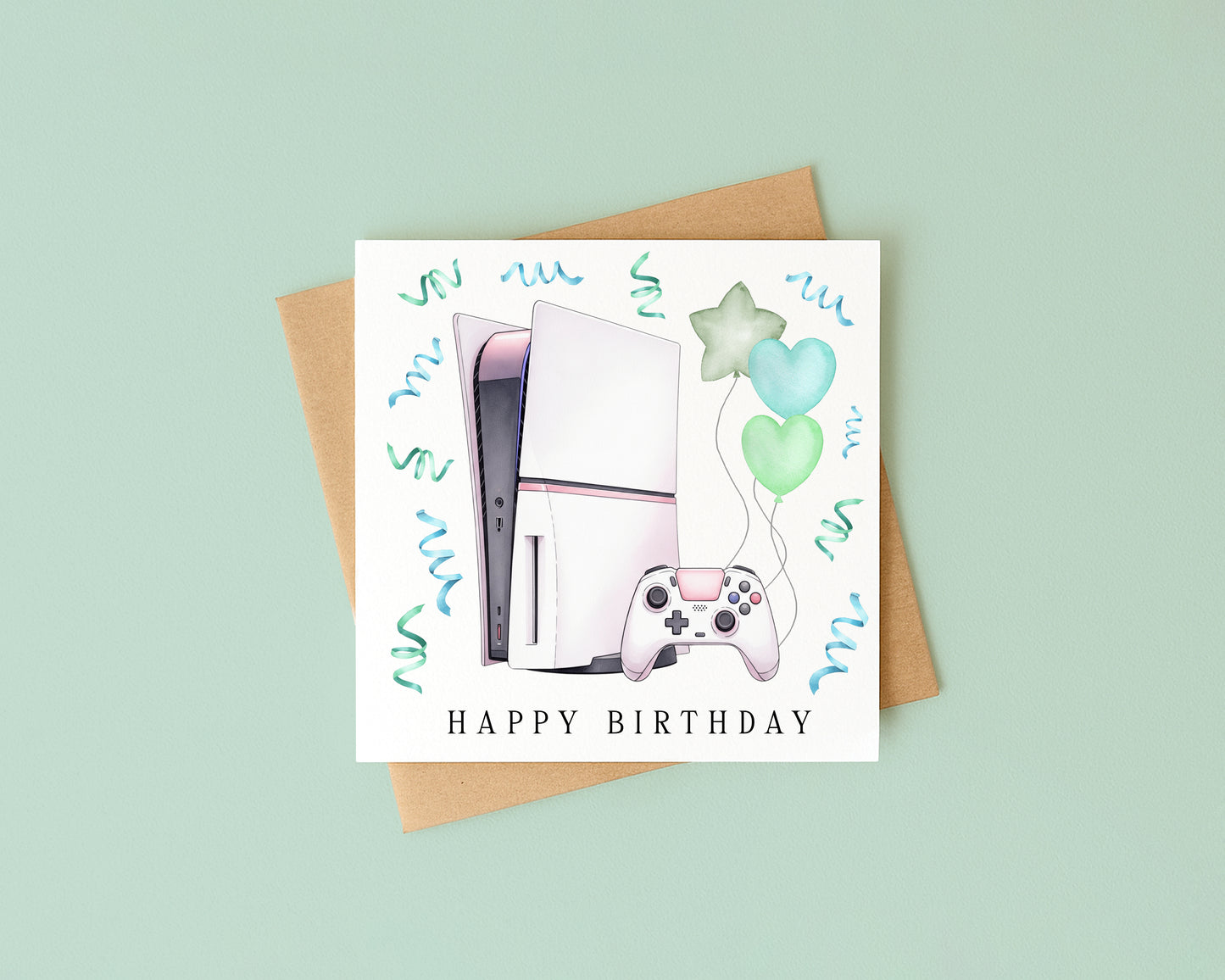 Gaming Birthday Card balloons & confetti green white gamer Design with Envelope