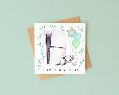 Gaming Birthday Card balloons & confetti green white gamer Design with Envelope