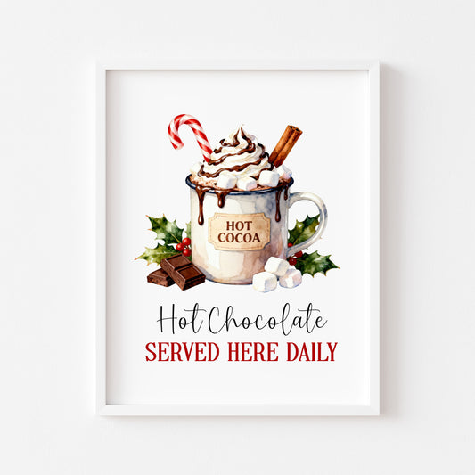 Winter Hot Chocolate Print Red, white & Green Vintage cocoa Watercolour Art (unframed)