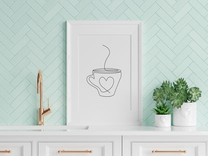 Kitchen print, Coffee tea heart hug mug kitchen office line drawing unframed wall art poster print