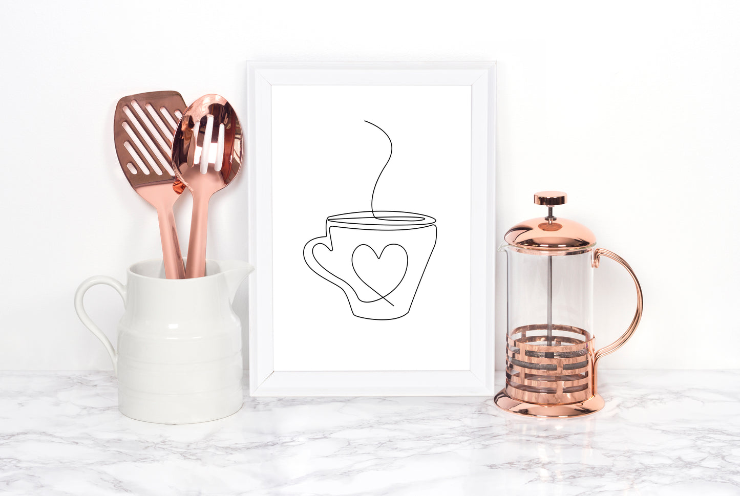 Kitchen print, Coffee tea heart hug mug kitchen office line drawing unframed wall art poster print