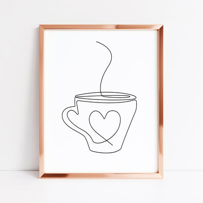 Kitchen print, Coffee tea heart hug mug kitchen office line drawing unframed wall art poster print