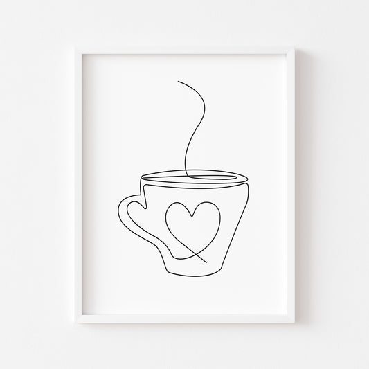 Kitchen print, Coffee tea heart hug mug kitchen office line drawing unframed wall art poster print