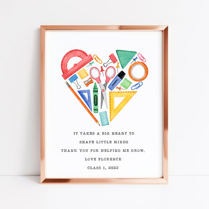 Personalised Thank you teacher gift, heart watercolour illustration unframed wall art poster print